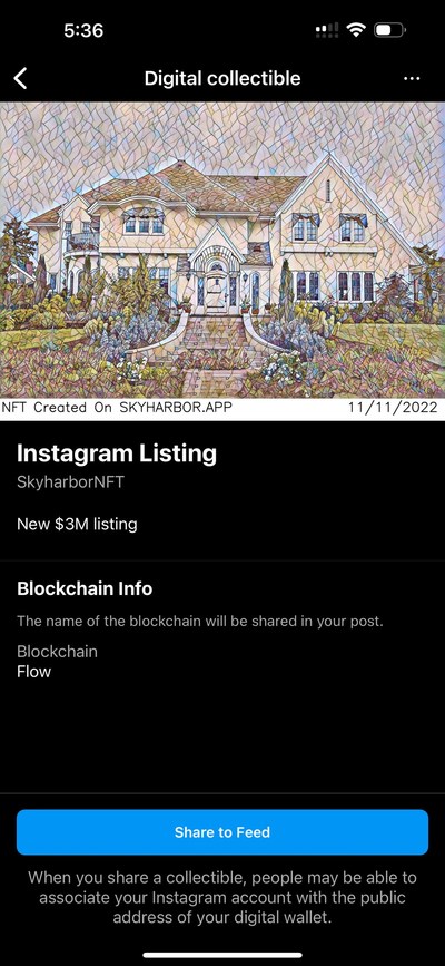 NFT listing shown on Instagram Collectibles automatically