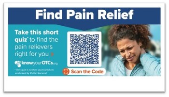 Vestcom's shelfAdz® displays a QR code directing consumers to an interactive online quiz about over-the-counter pain relief.
