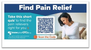 Vestcom's shelfAdz® displays a QR code directing consumers to an interactive online quiz about over-the-counter pain relief.