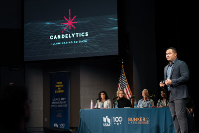 Clark Yuan, Army veteran and founder and CEO of Candelytics, presents to the panel of judges at From Service to Startup: USAA's 100th Anniversary Pitch Contest on Nov. 10, 2022 at USAA's headquarters in San Antonio, Tex. Yuan took home the first-place winnings of $100,000.