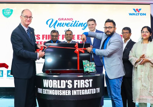 German ambassador Achim Droster and Walton managing director Colum Murschet unveiled the world's first integrated fire extinguisher TV.