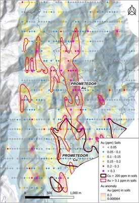Figure 3: Two-kilometre long +0.1 g/t gold-in-soil anomaly and relationship to Prometedor Copper porphyry centre. (CNW Group/Luminex Resources Corp.)