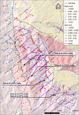 Figure 4: Geology and copper geochemical map of Orquideas showing completed drill holes. (CNW Group/Luminex Resources Corp.)