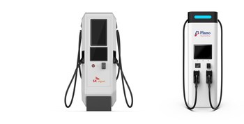 Renderings of the EV chargers that SK Signet plans to manufacture at the Plano, TX facility.