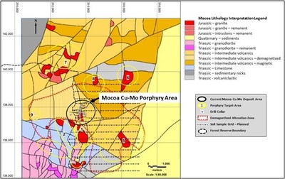 Figure 1: Geological interpretation, Jurassic intrusions (porphyries), 2022 soil sample lines and target areas (CNW Group/Libero Copper & Gold Corporation.)