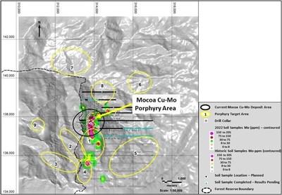 Figure 3: Soil sample geochemical results for Mo and target areas (CNW Group/Libero Copper & Gold Corporation.)