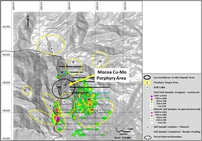 Figure 4: Soil sample geochemical results for Zn and target areas (CNW Group/Libero Copper & Gold Corporation.)