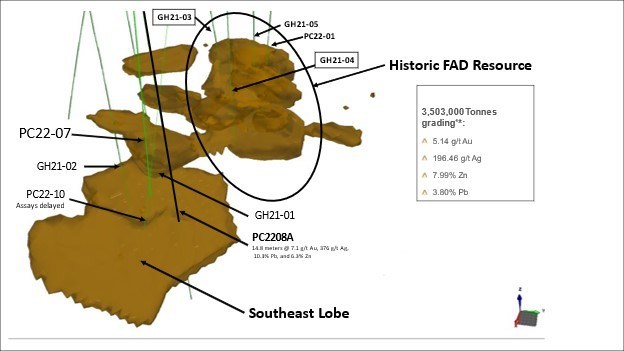 Figure 1*: 3D view of FAD mineralization showing the FAD Main Zone, the historical non-43-101 resource and the Southeast Lobe. (CNW Group/Paycore Minerals Inc.) Figure 1*: 3D view of FAD mineralization showing the FAD Main Zone, the historical non-43-101 resource and the Southeast Lobe. (CNW Group/Paycore Minerals Inc.)