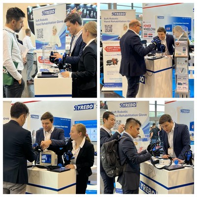 Visitors are trying out SYREBO’s new soft robotic hand rehabilitation glove HRC12 Visitors are trying out SYREBO’s new soft robotic hand rehabilitation glove HRC12