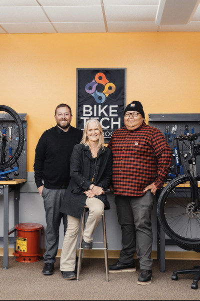 L to R Milo McMinn, Director of CTE for Aztec High School, Catherine Olson, College Career Counselor Aztec Highschool, Randy Bitsue, Project Bike Tech Southwest Regional Liaison