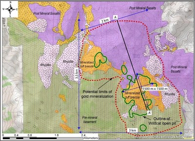 Figure 1: Wildcat Geologic Overview Map with Existing Pit and Mineralized Footprint  Commentary: the bulk of the known mineralization at Wildcat is located within a tuff breccia, with additional mineralization in the upper part of the granodioritic basement. The post-mineral basalts in the northern part of the deposit cover known mineralization in the tuff breccia (CNW Group/Millennial Precious Metals Corp.)