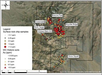 Figure 3: Wildcat Map with Rock-Chip and Soil Geochemistry Samples (Millennial and Historical)   Commentary: significant geochemical anomalies are observed at the Crossroads and Snow Squall Targets. Additional anomalies are present on the property wherever tuff breccia is observed. (CNW Group/Millennial Precious Metals Corp.)