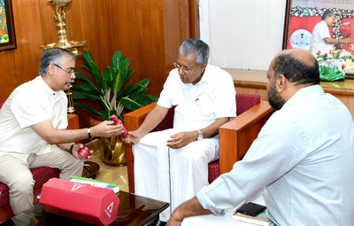 Athachi Group Chairman Raju Subramanian meets Kerala Chief Minister Pinarayi Vijayan. Industries Minister P. Rajeeve is also seen