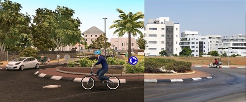 Side-by-side photorealistic, immersive digital twin of Hod Hasharon city, Israel (left: Cognata simulation platform, right: real footage of the corresponding area)