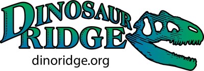 The Dinosaur Ridge logo features the skull of an Allosaurus like the fossil found at the site in 1877. The colors are lime green and royal blue in a vertical gradient format. (PRNewsfoto/Friends of Dinosaur Ridge)