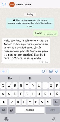 El lanzamiento del nuevo chatbot de Anhelo, que estará disponible por WhatsApp en sus canales de redes sociales, coincide con el Período de Inscripción Anual de Medicare, que se lleva a cabo desde ahora hasta el 7 de diciembre. (PRNewsfoto/Anhelo)