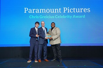 Peter McPartlin, Paramount Pictures, (center) receives the 2022 Chris Greicius Celebrity Award November 3, 2022