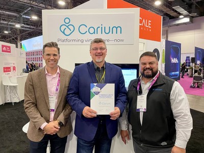 Rich Steinle, CEO of Carium, accepted the award at HLTH from Executive Vice President at KLAS, Steven Low, and Senior Vice President and Chief Security Officer at Censinet, Christopher Logan.