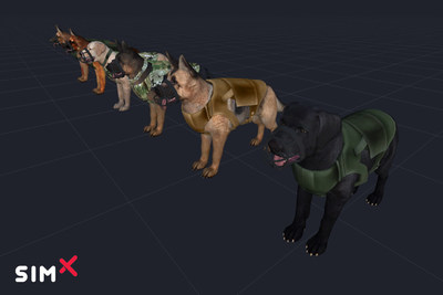 The VRMSS allows clinical trainees to refine their skills in training scenarios which aim to model realistic psychosocial and medical environments. Depicted are a variety of canine 3D avatars that can be used within the VRMSS.
