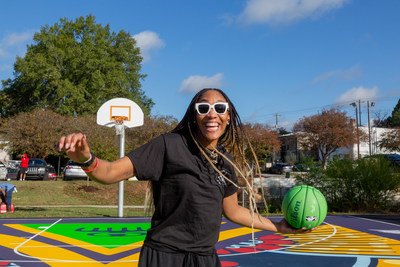 A’ja Wilson celebrates with locals on newly refurbished court on Wednesday, Nov. 09, 2022 in San Francisco. (Nora WilliamsAP Images for Buffalo Wild Wings® and MTN DEW LEGEND®)