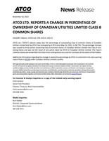 ATCO LTD. REPORTS A CHANGE IN PERCENTAGE OF OWNERSHIP OF CANADIAN UTILITIES LIMITED CLASS B COMMON SHARES