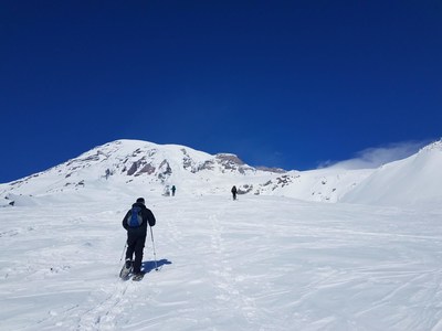 Snowshoeing at Paradise at Mount Rainier is an exercise in relaxing solitude