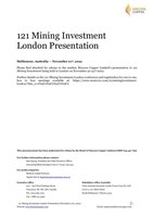 Kincora is attending the 121 Mining Investment London. Presentation for the conference attached. Please contact us to arrange a meeting at the conference (November 22-23rd) or meetings outside of the conference in London on November 24-25th. (CNW Group/Kincora Copper Limited)