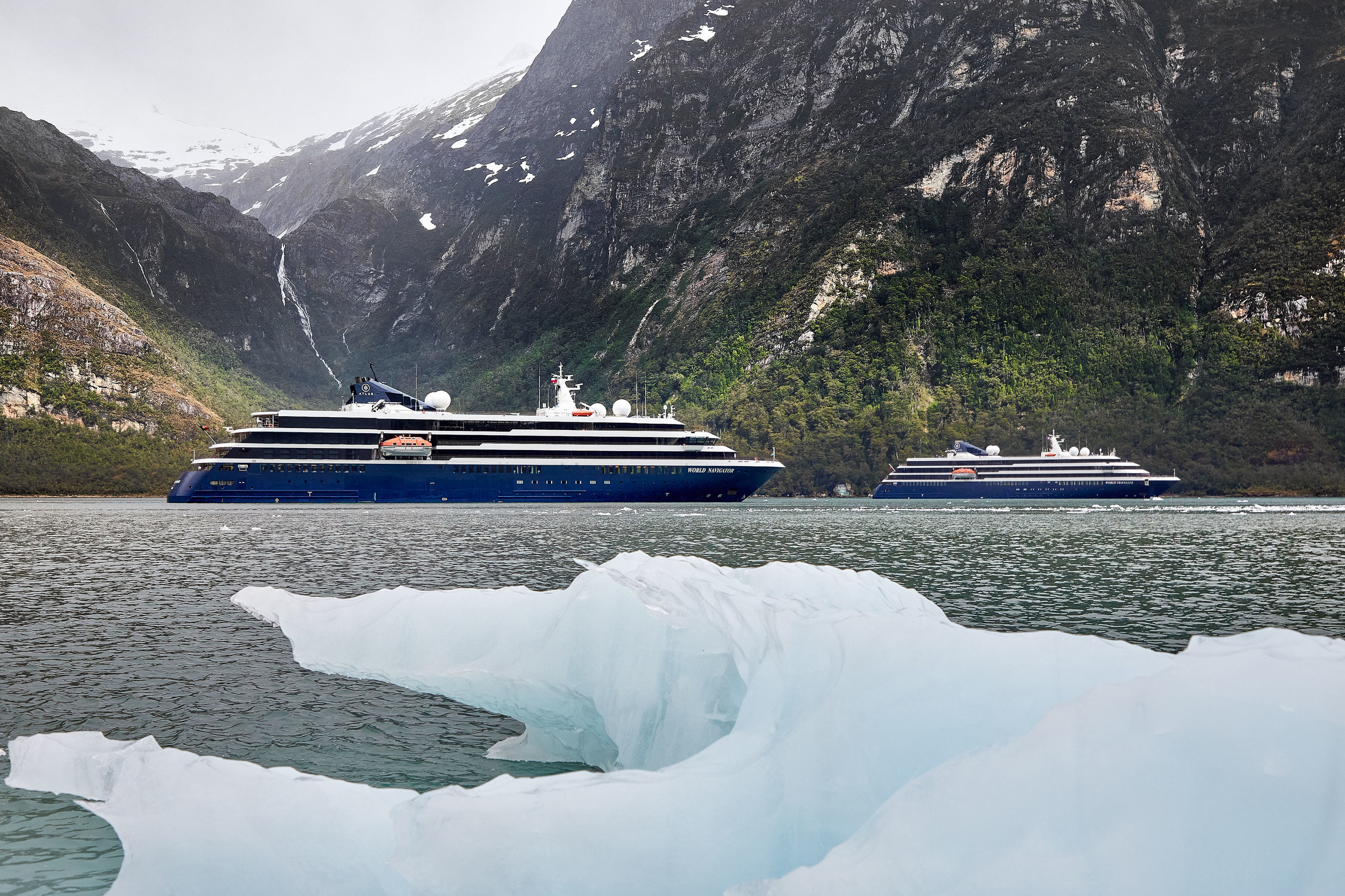 World Navigator and World Traveller, Atlas Ocean Voyages’ yacht-style sister ships, were both christened in Chilean Patagonia this weekend (Image at LateCruiseNews.com - November 2022)