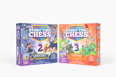 Story Time Chess Level 2 Strategy และ Level 3 Tactic Expansions นำเด็ก ๆ ไปผจญภัยใน Chesslandia พร้อมสอนทักษะการเล่นหมากรุกขั้นสูง  ส่วนเสริมแต่ละเกมประกอบด้วยหนังสือนิทาน 9 บทเรียนที่มีภาพประกอบสวยงามพร้อมมินิเกมและแบบฝึกหัดกว่า 20 เกมที่สอนแนวคิดหมากรุกใหม่ๆ ให้กับเด็กๆ ทีละเรื่องโง่ๆ ทีละเรื่อง!  สมุดภาพปริศนา กิจกรรม และระบายสีช่วยให้เด็กๆ ฝึกฝน เสริมสร้าง และรักษาทักษะสำคัญหลังจากจบบทในหนังสือนิทานแต่ละบท