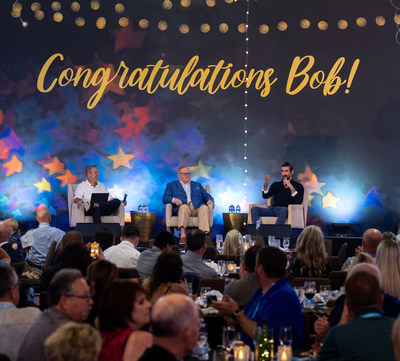 (From left) Kevin Richards, Master Spas vice president of marketing and sales, Master Spas CEO Bob Lauter and legendary swimmer Michael Phelps. Lauter and Phelps talked about their partnership at the 2022 Master Spas Dealer Meeting. Lauter will retire at the end of 2022, after founding the company in 1996.