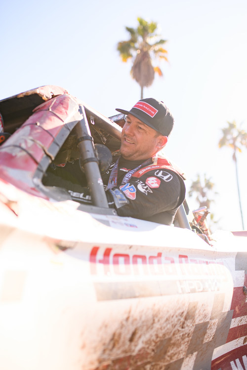 Winning team owner/driver Jeff Proctor at the finish of the Baja 1000, after taking his Honda Ridgeline Baja Race Truck to a second consecutive Class 7 victory in the iconic off-road race.