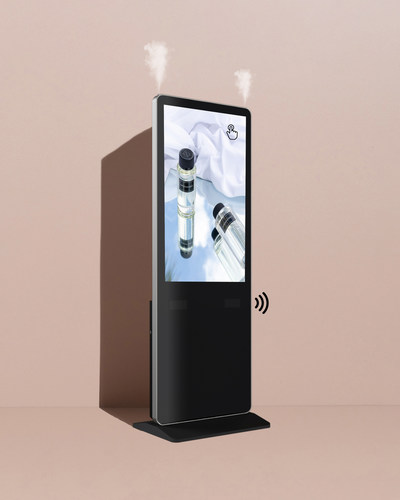 Aroma360's new, innovative Interactive Scenting Kiosk (ISK), a free-standing LCD display with embedded essential oil diffusers.