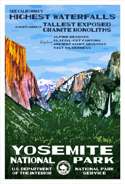 The Yosemite National Park poster is an original work by Robert Decker. The "Tunnel View" provides one of the most famous views of the Yosemite Valley. From here you can see El Capitan and Bridalveil Fall, with Half Dome in the background. Each retro Yosemite poster is dated and signed by the artist. Limited Edition Artist Proofs are also available.