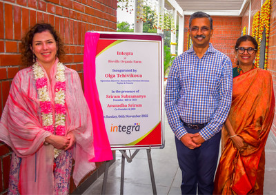 Olga Tchivikova, Operations Director, Taylor & Francis, with Integraâ€™s founders Sriram Subramanya and Anuradha Sriram, at the Green Office building inauguration on November 6th, 2022