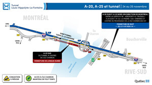 Réfection majeure du tunnel Louis-Hippolyte-La Fontaine - Fermeture complète de l'autoroute 25 en direction de Montréal dans la nuit du 24 novembre au 25 novembre