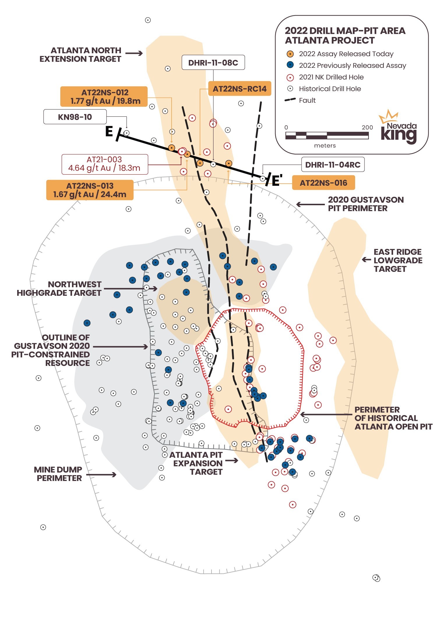 Figure 1. Location map for holes reported in this news release along section E-E’ relative to the perimeter of the historical Atlanta Pit and 2020 Gustavson pit shell. (CNW Group/Nevada King Gold Corp.)