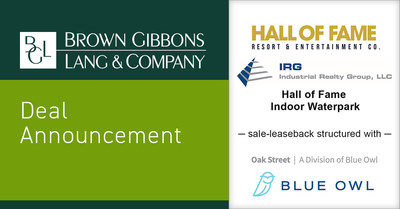 Brown Gibbons Lang & Company (BGL) is pleased to announce the financial closing of a sale-leaseback transaction for the 147,000 square foot, football themed, indoor Waterpark at the Hall of Fame Village powered by Johnson Controls in Canton, Ohio with Blue Owl’s Real Estate Division, Oak Street.
