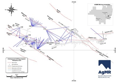 Figure 1: Plan view of the underground drilling program at the Reliquias silver mine, showing traces of drill holes completed to date (in blue) as well as the subsequently programmed bore holes. Additionally, underground workings, main mineralized veins, and drill platforms are displayed. Inset map shows Reliquias property block with locations of both silver mines and the processing plant. (CNW Group/Silver Mountain Resources Inc.)
