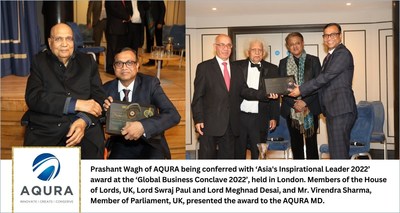 Prashant Wagh of AQURA being conferred with ‘Asia's Inspirational Leader 2022’ award at the ‘Global Business Conclave 2022’, held in London. Members of the House of Lords, UK, Lord Swraj Paul and Lord Meghnad Desai, and Mr. Virendra Sharma, Member of Parliament, UK, presented the award to the AQURA D.