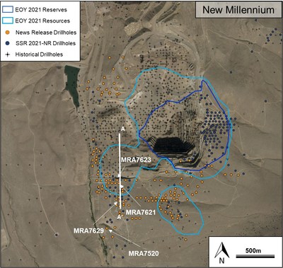 Figure 2. New Millennium plan view highlighting recent and historical drilling as well as Mineral Reserve and Mineral Resource pit boundaries (CNW Group/SSR Mining Inc.)