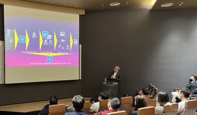 Dr. Fredrik Strand (center stage) presents the results from his prospective interventional study to Lunit employees during an invited lecture session held at Lunit's Seoul headquarters.
