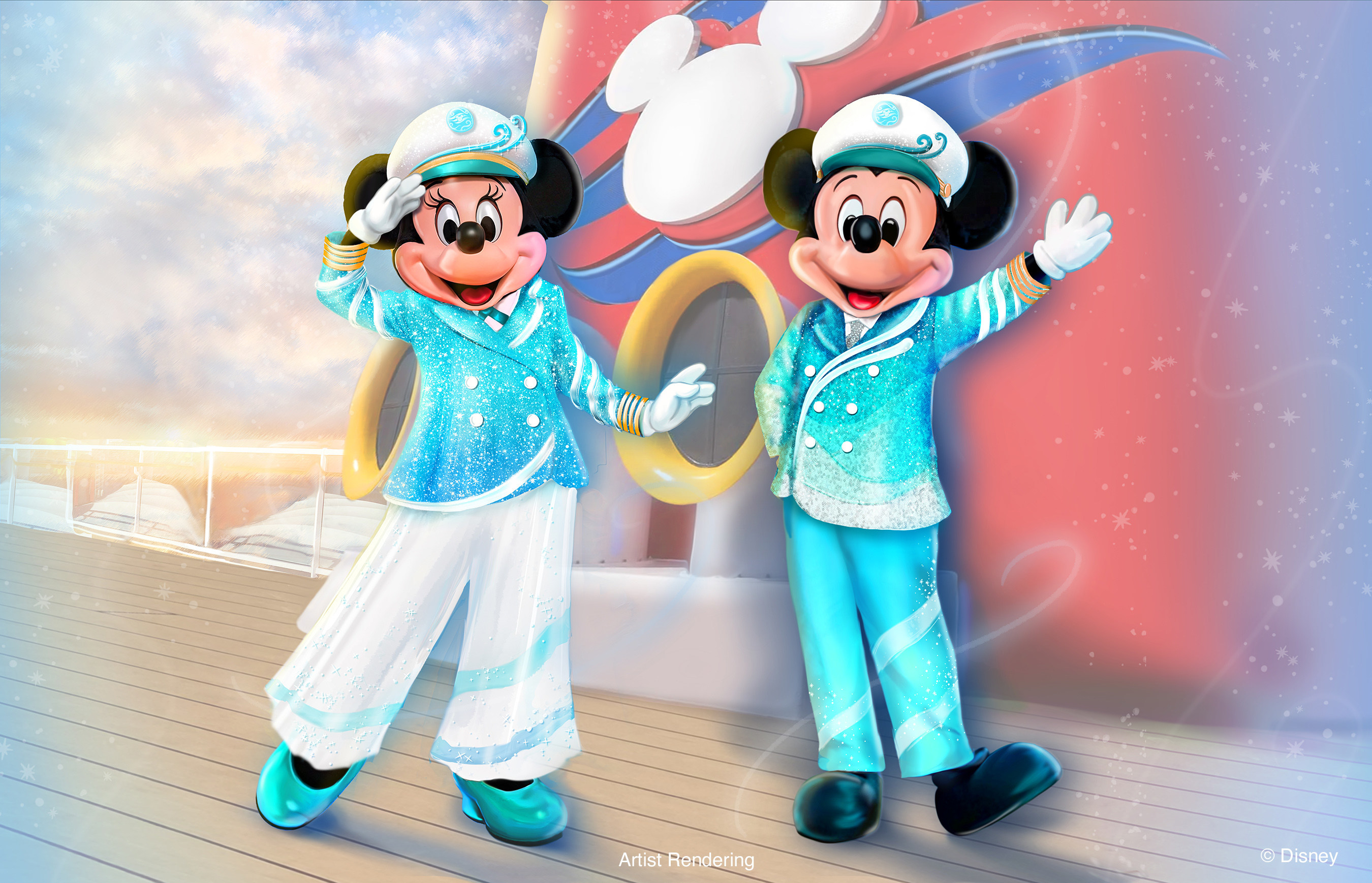 To honor Disney Cruise Line’s ‘Silver Anniversary at Sea,’ Captain Minnie Mouse and Captain Mickey Mouse will don dazzling new ensembles in the celebration’s signature color, Shimmering Seas (Image at LateCruiseNews.com - November 2022)