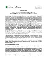 Denison Announces Completion of Wheeler River EIS Conformity Review and Commencement of Technical Review (CNW Group/Denison Mines Corp.)