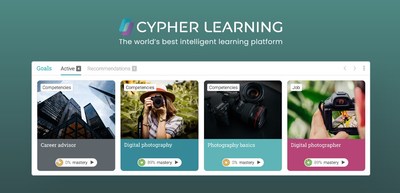 CYPHER LEARNING's intelligent learning platform (ILP) personalizes the learning experience. Learners can set goals, receive individualized recommendations and next steps, and track their progress in mastering skills and competencies (as shown above).