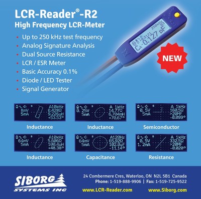 LCR-Reader-R2, the latest model in LCR-Reader family. Features LCR/ESR measurements, LED/Diode test, Analog Signature Analysis tool, 0.1% accuracy and 250 kHz frequency