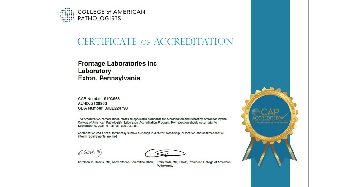 Frontage Central Labs is Awarded the Prestigious CAP Accreditation from the College of American