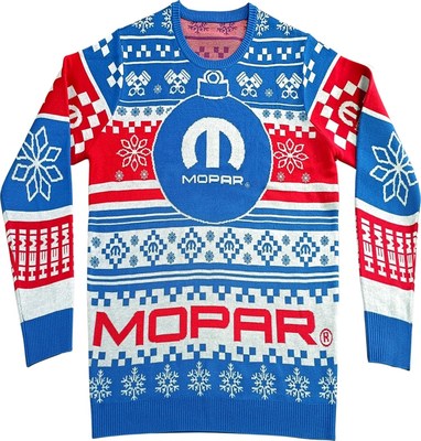 Celebrate the holiday season with a traditional Mopar ugly sweater that fully embraces the performance-car theme. This medium-weight knit sweater features Mopar logos integrated into a custom graphic design. Online price - $79.95.