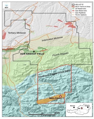 Figure 1: Map showing the Welchau Farm-in Area (Red Dashed Border), the Welchau-1 drilling location in the Northern Calcareous Alps as well as the producing Anshof oil field to the north. (CNW Group/Pinedale Energy Limited Profile)