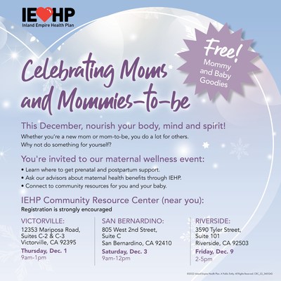 New moms and moms-to-be are invited to visit IEHP’s Community Resource Centers in December for free maternal mental health events, which will offer health and wellness resources and connections to prenatal and postpartum care.