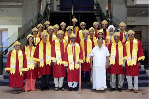 Debut Graduating Students from VaYU MS (Yoga) with Dr. H.R. Nagendra (in white), Prof. Sree N Sreenath, VaYU President (fourth from right in the second row), and Prof. Manjunath Sharma, Research Director of VaYU (fifth from left on the first row). VaYU Chairman Babulal Gandhi (second from right in the first row), and Dr. Srinivasa Reddy, Provost (first from right in the first row), on June 12, 2022, in Los Angeles, CA.